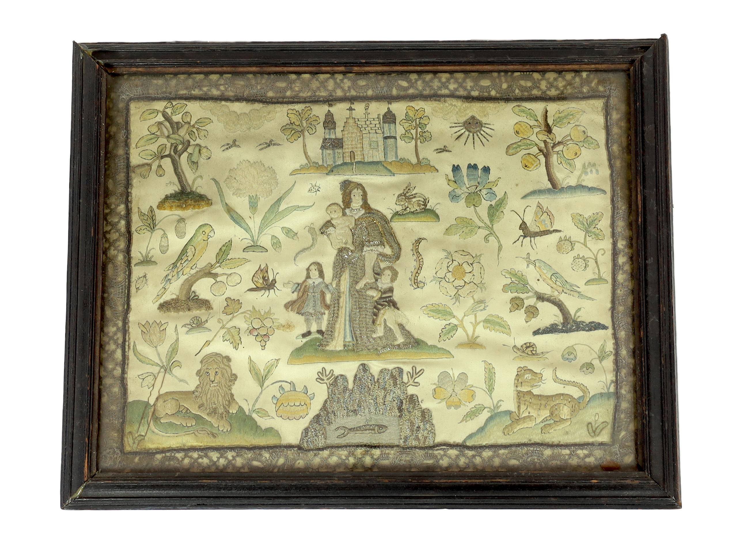 A 17th century stumpwork panel depicting a mother and children in a garden